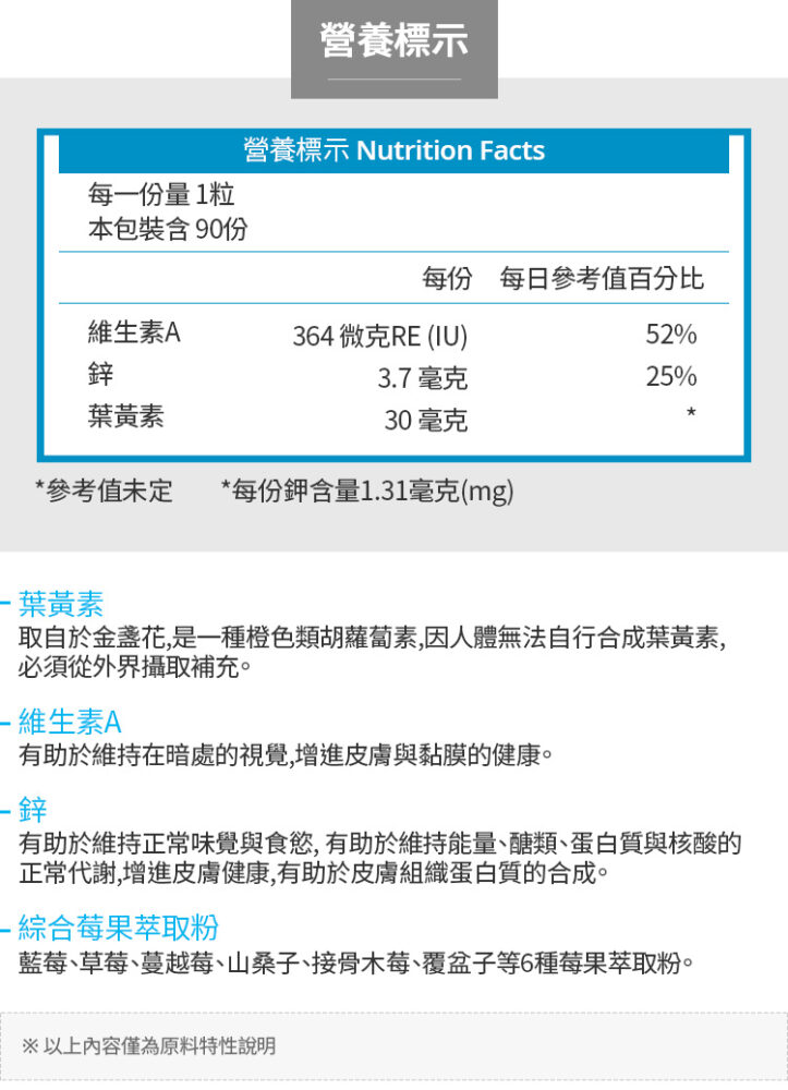 艾多美葉黃素-日文包裝營養標示-維生素A-鋅-葉黃素
